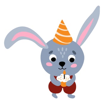 Cute hand drawn bunny with cupcake. White background, isolate. vector illustration.