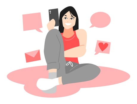 smiling teenage girl playing smartphone. get messages, social media. chat concept, communication, technology, etc. flat vector illustration