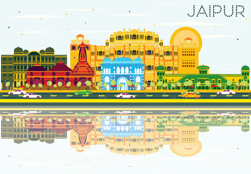 Jaipur Skyline with Color Buildings, Blue Sky and Reflections. vector