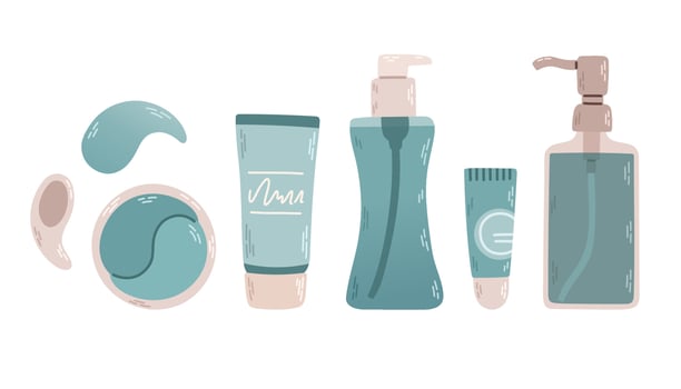 Set with beauty products. Skin, eyes, lips cosmetics and accessories. Flat graphic vector illustration isolated on white background