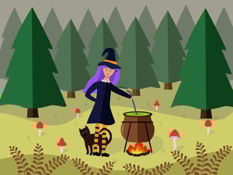 A girl in a witch costume cooks a potion in a cauldron over a fire. Cartoon scene for Halloween. Vector illustration of a forest with fir trees, a clearing