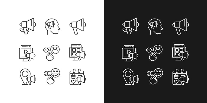Marketing channels pixel perfect linear icons set for dark, light mode. Customer satisfaction. Brand awareness. Thin line symbols for night, day theme. Isolated illustrations. Editable stroke vector