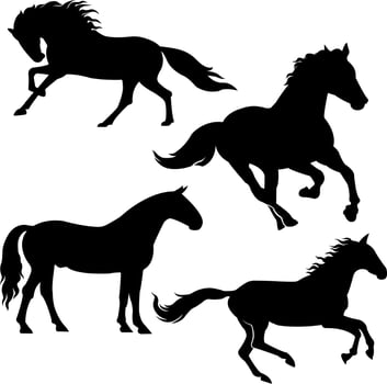 a set of vector silhouettes of horses and people riding them, isolated on a white background.