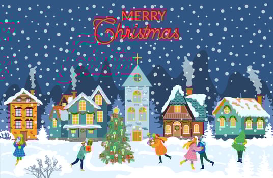 happy new year and merry Christmas winter old town street. christmas town city panorama. Santa Claus vector