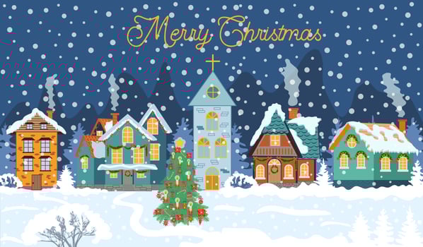 happy new year and merry Christmas winter old town street. christmas town city panorama. Santa Claus vector