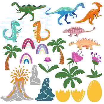 Cute dinosaurs and tropic plants. Funny cartoon dino. vector