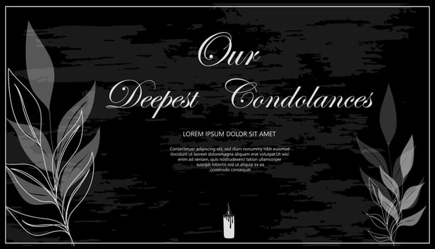 Black condolences card with grunge background. Text, branch plant, candle. Vector illustration for funeral card template.