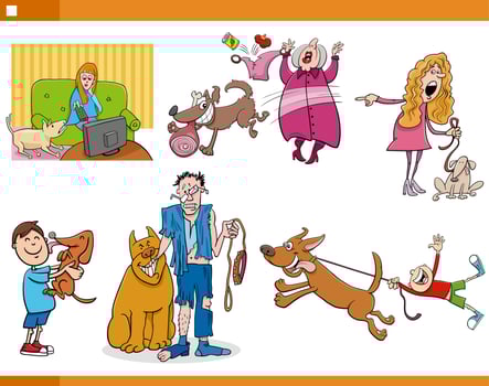 cartoon pet owners with their dogs comic set vector