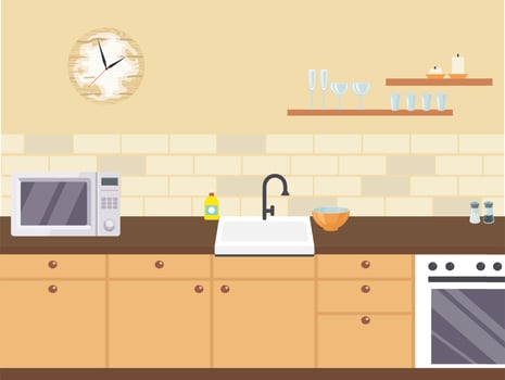 Kitchen with furniture set interior in brown tones vector