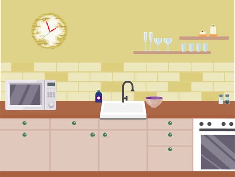 Kitchen with furniture set interior vector