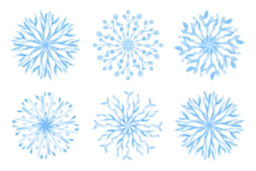 Collection of artistic blue snowflakes with watercolor texture. Stock vector set. Can be used for printed materials, prints, posters, cards, logo. Abstract background. Hand drawn decorative elements.