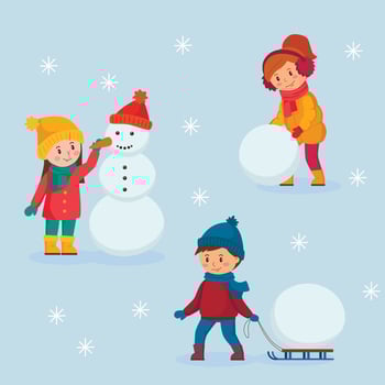 Happy smiling kids in wintertime making a snowman. Vector illustration.