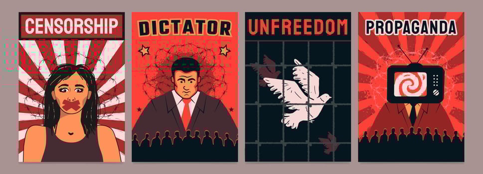 A set of posters about the totalitarian regime propaganda, dictator, censorship, unfreedom. vector