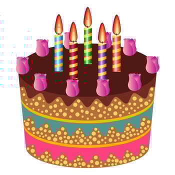 Sweet cake with five burning candles and cream roses. Colorful holiday dessert. Vector celebration background.