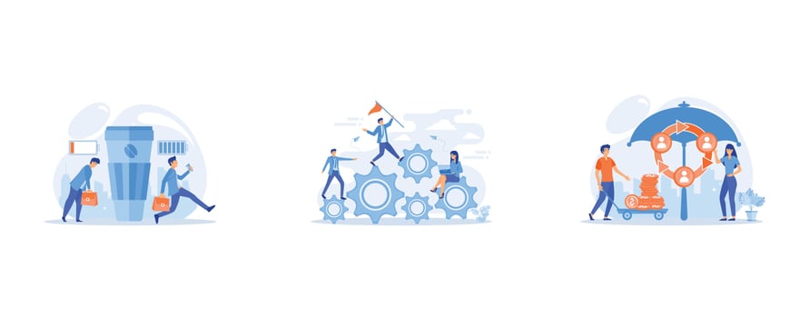 Office worker coffee break, Leadership, Individuals pool their premiums together to insure against a risk, set flat vector modern illustration