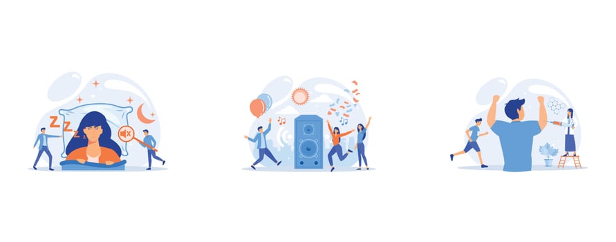 Businessman sleeping in bed and snoring, angry awake tiny people listening, Young tiny people listening to music and dancing in city park at summer party, Nurse with syringe doing a doping vector