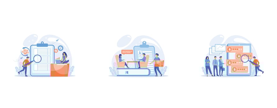 Financial analyst with magnifier looking at cash flow statement on clipboard, HR specialist having an interview with job applicant and candiadates waiting, vector