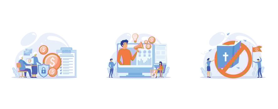 Age pension, money savings, Marketer delivering ads with megaphone and devices, Tiny people atheists against religion and Bible prohibited sign, set flat vector modern illustration