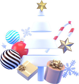 3d Rendering Christmas or new year elements background with decorative tree, ball, snow and gift boxes. Colorful gifts for holidays. Modern design. Isolated illustration png