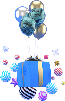 3d Rendering Christmas or new year elements background with decorative balloons,  and gift boxes. Colorful gifts for holidays. Modern design. png
