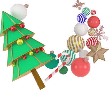 3d Rendering Christmas or new year elements background with decorative tree,  ball, snow and gift boxes. Colorful gifts for holidays. Modern design. Isolated illustration png
