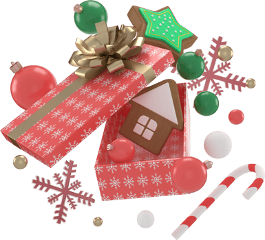 3d Rendering Christmas or new year elements background with decorative balls, star, snow and gif box. Colorful gifts for holidays. Modern design. Isolated  illustration. png