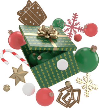 3d Rendering Christmas or new year elements background with decorative balls, star, snow and gif box. Colorful gifts for holidays. Modern design. Isolated  illustration. png