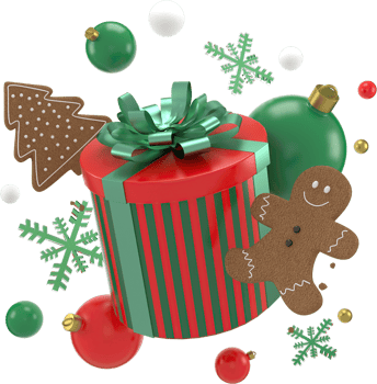 3d Rendering Christmas or new year elements background with decorative balls, star, snow and gif box. Colorful gifts for holidays. Modern design. Isolated  illustration. png