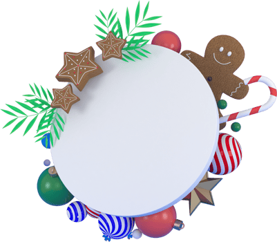 3d Rendering Christmas or new year elements background with decorative balls, star, snow and white frame. Colorful gifts for holidays. Modern design. Isolated  illustration. png