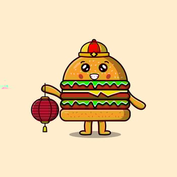Cute cartoon Burger chinese character hold lantern vector