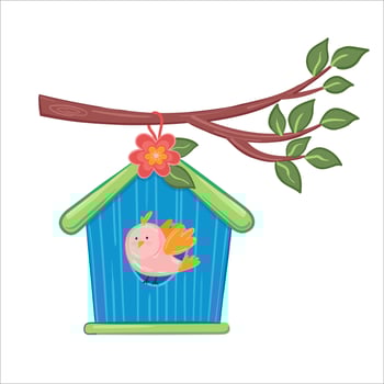 Vector illustration spring birdhouse with cute pink bird hanging on a tree branch