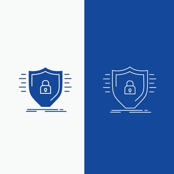 Defence, firewall, protection, safety, shield Line and Glyph web Button in Blue color Vertical Banner for UI and UX, website or mobile application vector