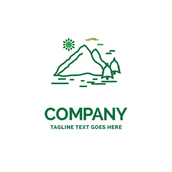 Nature. hill. landscape. mountain. sun Flat Business Logo template. Creative Green Brand Name Design. vector