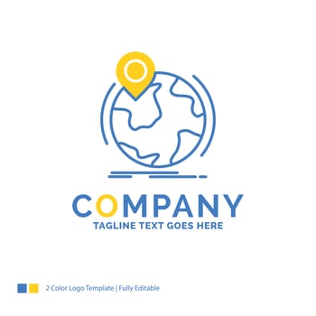 location. globe. worldwide. pin. marker Blue Yellow Business Logo template. Creative Design Template Place for Tagline. vector