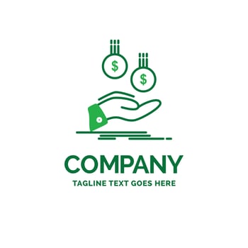 coins. hand. currency. payment. money Flat Business Logo template. Creative Green Brand Name Design. vector