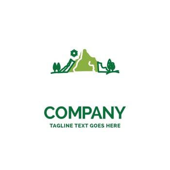 mountain. landscape. hill. nature. tree Flat Business Logo template. Creative Green Brand Name Design. vector