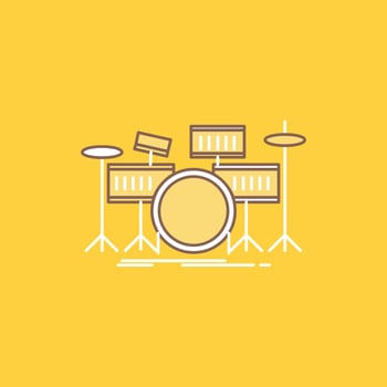 drum. drums. instrument. kit. musical Flat Line Filled Icon. Beautiful Logo button over yellow background for UI and UX. website or mobile application vector