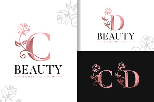 Feminine monogram rose gold logo letter c and d with flowers vector