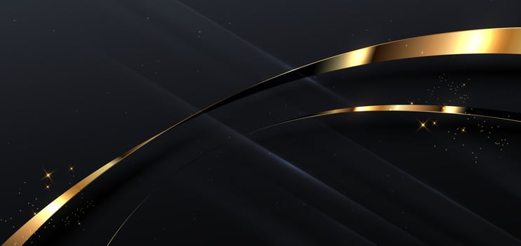 3D gold curved dark and gold ribbon on black background with lighting effec and space for text. Luxury design style. vector