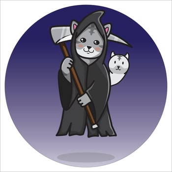 illustration of a cute grim reaper cat holding up its scythe vector