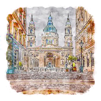 St. Stephen's Basilica Hungary Watercolor sketch hand drawn illustration vector
