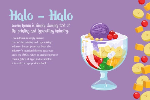 Halo halo is a cold sweet dessert. A very tasty dessert in the Philippines. Dessert with mixed fruits on a purple background. Vector illustration.