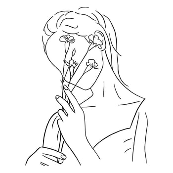 Line art minimal of woman holding flower in hand drawn concept for decoration, doodle contemporary style vector