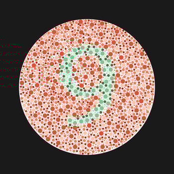 Ishihara test for color blindness. Color blind test. Green number 9 for colorblind people. Vision deficiency. Vector illustration.