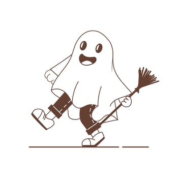 Ghost Halloween kid character.Kid wearing DIY ghost costume, family Halloween outfit,Halloween ghosts isolated flat vector illustrations. Ghost with a witch broom.