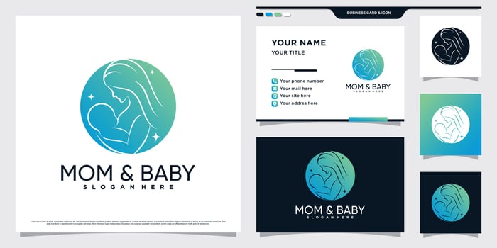 Mother and baby logo design with creative element concept and business card template vector