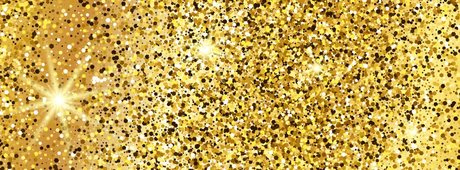 Golden glittering background with gold sparkles and glitter effect. Banner design. Empty space for your text. Vector illustration