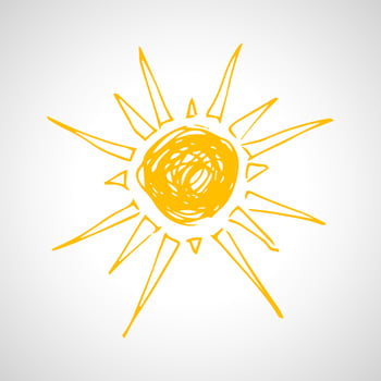 Hand drawn sun. Simple sketch sun. Solar symbol. Yellow  doodle isolated on white background. Vector illustration.