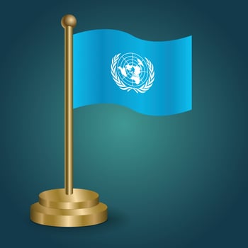 United Nations national flag on golden pole on gradation isolated dark background. table flag, vector illustration