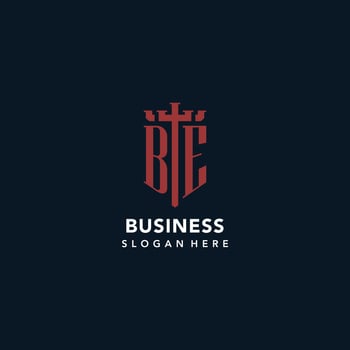 BE initial monogram logos with sword and shield shape design vector